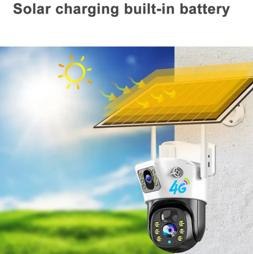 Set 2 x Cameră de Supraveghere Duală cu Panou Solar, Conectivitate SIM, Senzor de Mișcare, Lentile Duble, 4K HD 8MP și 4G