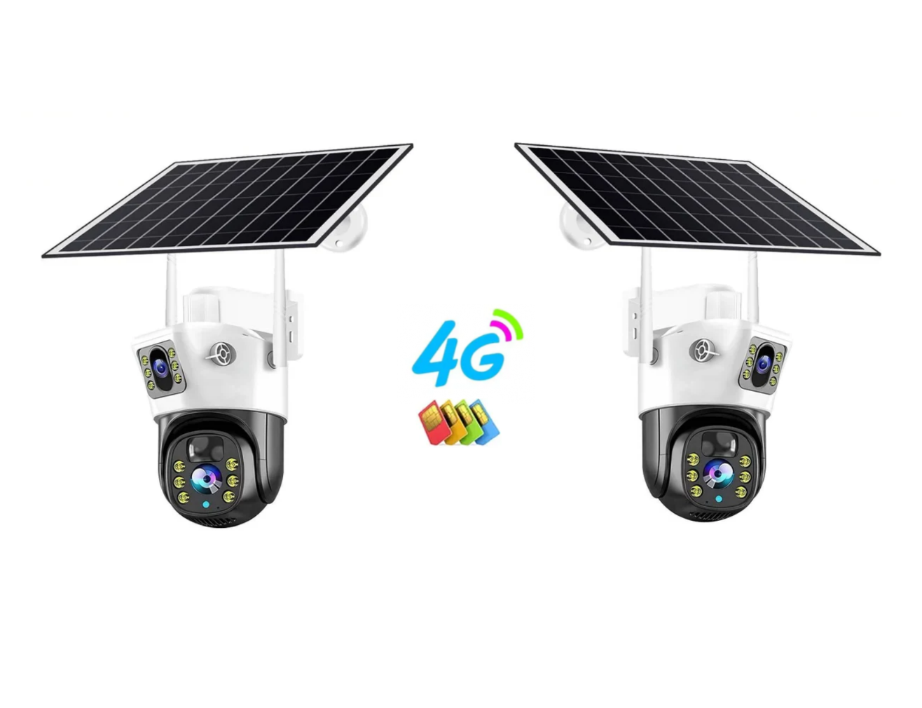 Set 2 x Cameră de Supraveghere Duală cu Panou Solar, Conectivitate SIM, Senzor de Mișcare, Lentile Duble, 4K HD 8MP și 4G