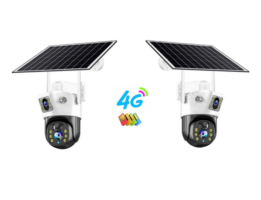 Set 2 x Cameră de Supraveghere Duală cu Panou Solar, Conectivitate SIM, Senzor de Mișcare, Lentile Duble, 4K HD 8MP și 4G