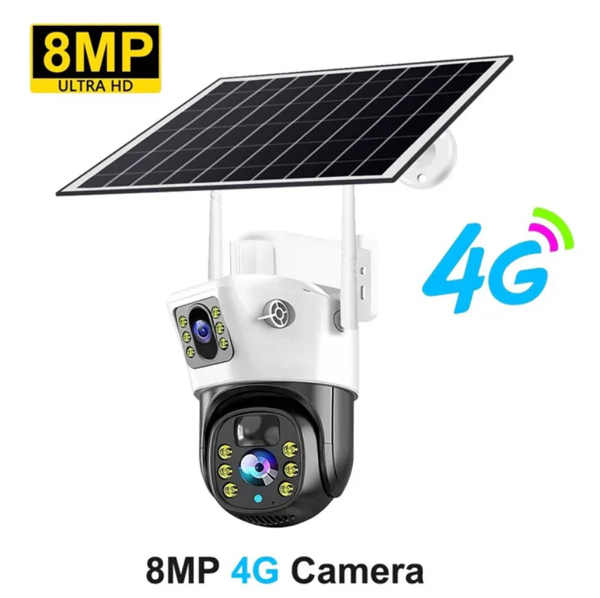 Set 2 x Cameră de Supraveghere Duală cu Panou Solar, Conectivitate SIM, Senzor de Mișcare, Lentile Duble, 4K HD 8MP și 4G