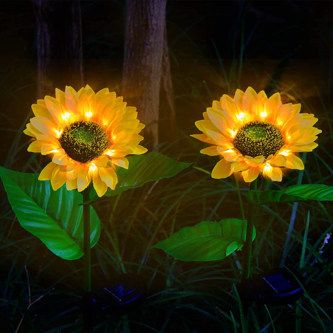 Black Friday - Set 2x Lămpi Solare LED pentru Grădină cu 3 Flori tip Floarea Soarelui, 10 Micro-LED-uri pe Floare, Înălțime 70 cm, Rezistente la Intemperii, IP65