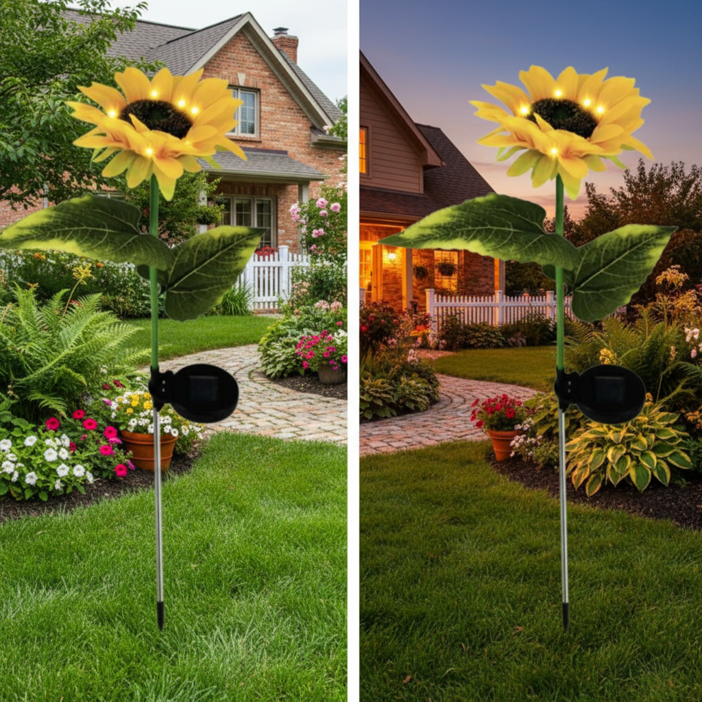 Black Friday - Set 2x Lămpi Solare LED pentru Grădină cu 3 Flori tip Floarea Soarelui, 10 Micro-LED-uri pe Floare, Înălțime 70 cm, Rezistente la Intemperii, IP65