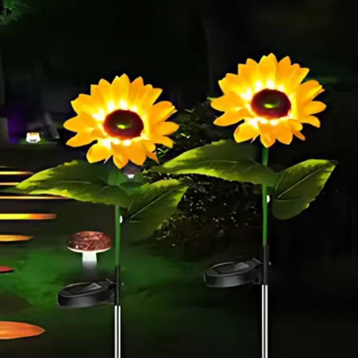 Set 2 x Lămpi Solare LED tip Floarea Soarelui pentru Grădină, 10 Micro-LED-uri, Înălțime 70 cm, IP65, Iluminare Automată cu Senzor
