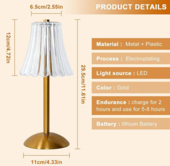 Set 2xLampă de Birou Cristal Paris, Tactilă și Reglabilă, 3 Nuanțe de Lumină, Auriu, Reîncărcabilă - Ideală pentru Dormitor, Living, sau Restaurant