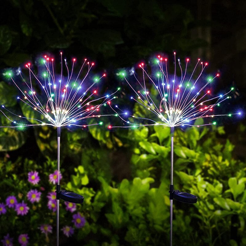 Set Luxos de Lămpi Solare Tip Artificii – Opțiuni 2/4/8/20 Bucăți cu Suport Metalic, 90 LED-uri Strălucitoare, Lumină Multicolor și Senzor de Lumină pentru O Ambianță Spectaculoasă