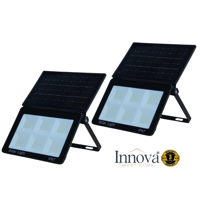 Set 2x Lampa Solara Modulara Aurora by Innova 100W BK-T7 cu Panou Detasabil – Senzor Lumina, IP67, 140 mp2+Cadou Surpriza