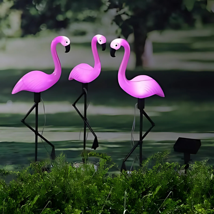 Set 3 x Figurine Flamingo Solare pentru Grădină cu LED-uri, Panou Solar și Senzor de Lumină, Rezistente la Intemperii