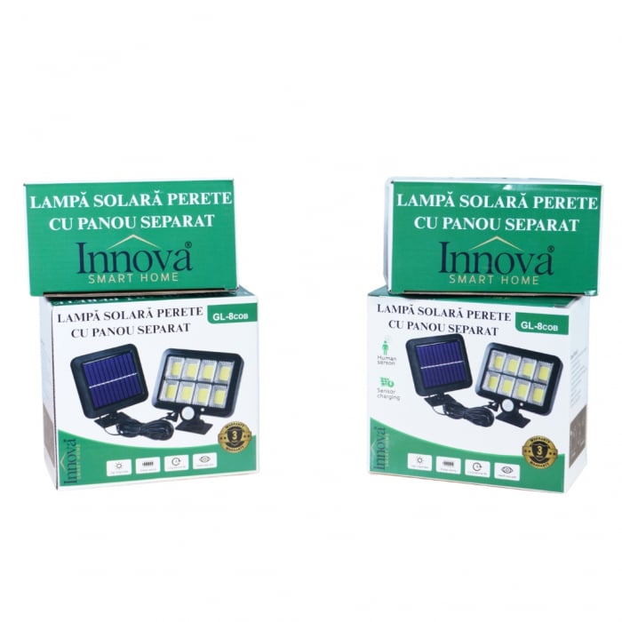 Set 4x Lampi Solare T9 INNOVA Smart Home, 160 LED COB, 8 Cadrane, Senzor Miscare, Panou Detașabil, IP66 + Telecomandă, Cadou + Garanție 3 Ani