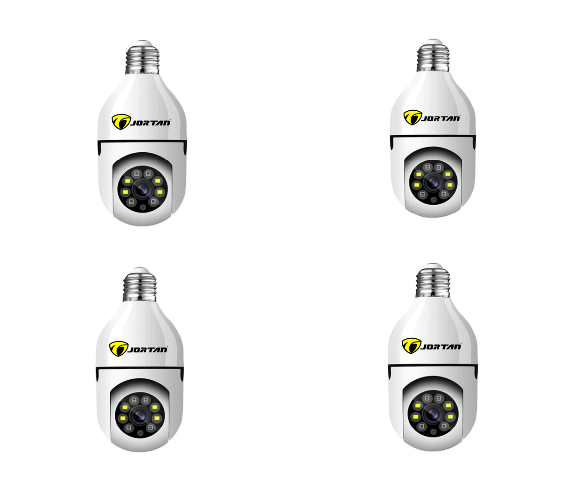 Set 4 x Cameră de Supraveghere Jortan 8177HJ Tip Bec, 360°, WiFi, HD, Vizionare Nocturnă, Alarme pe Mobil, Monitorizare Live pe Smartphone