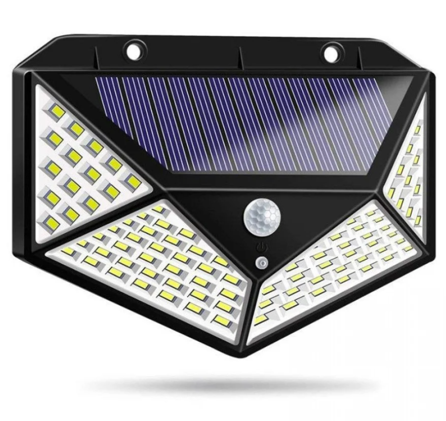 Set 4 x Lampa 100 LED cu panou solar, senzor de miscare +CADOU Lanterna profesionala de cap reglabila cu 5 LED