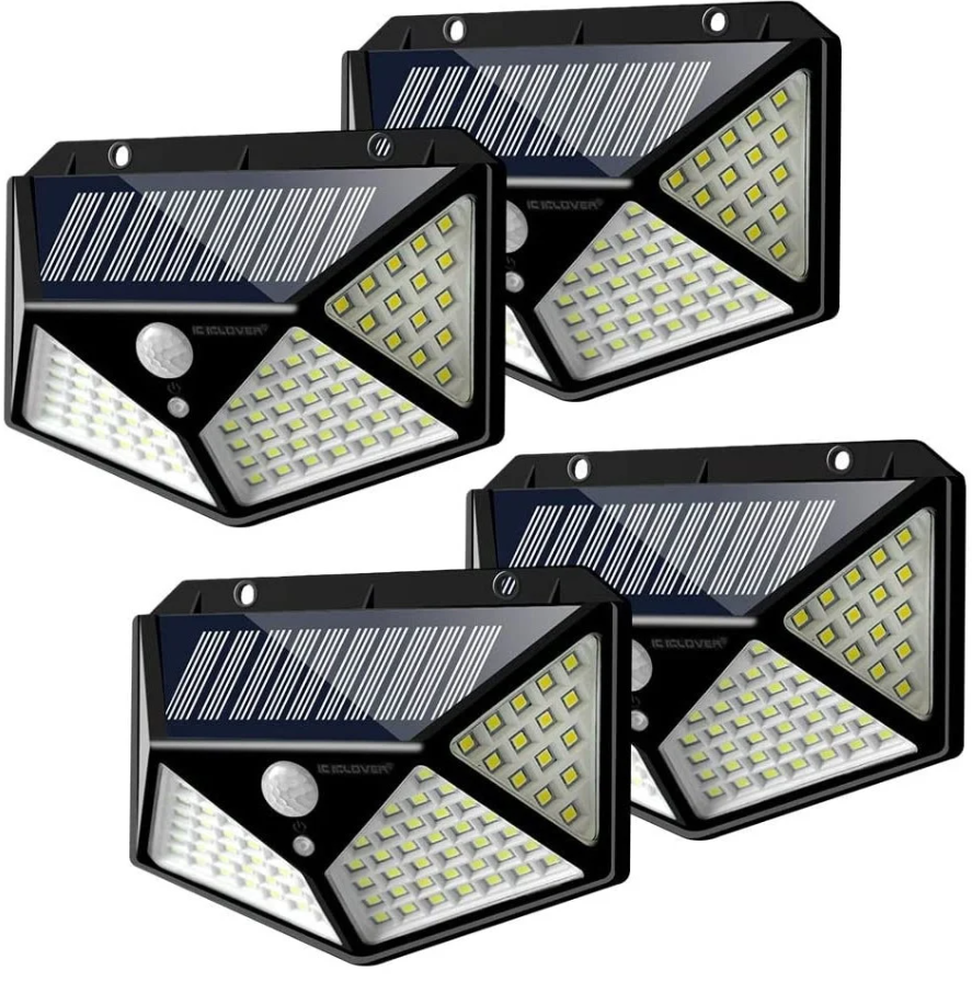 Set 4 x Lampa 100 LED cu panou solar, senzor de miscare +CADOU Lanterna profesionala de cap reglabila cu 5 LED
